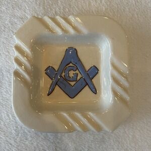 Vintage 70s Masonic Freemason Ashtray Cigar Trinket Dish Raised Blue Gold Accent